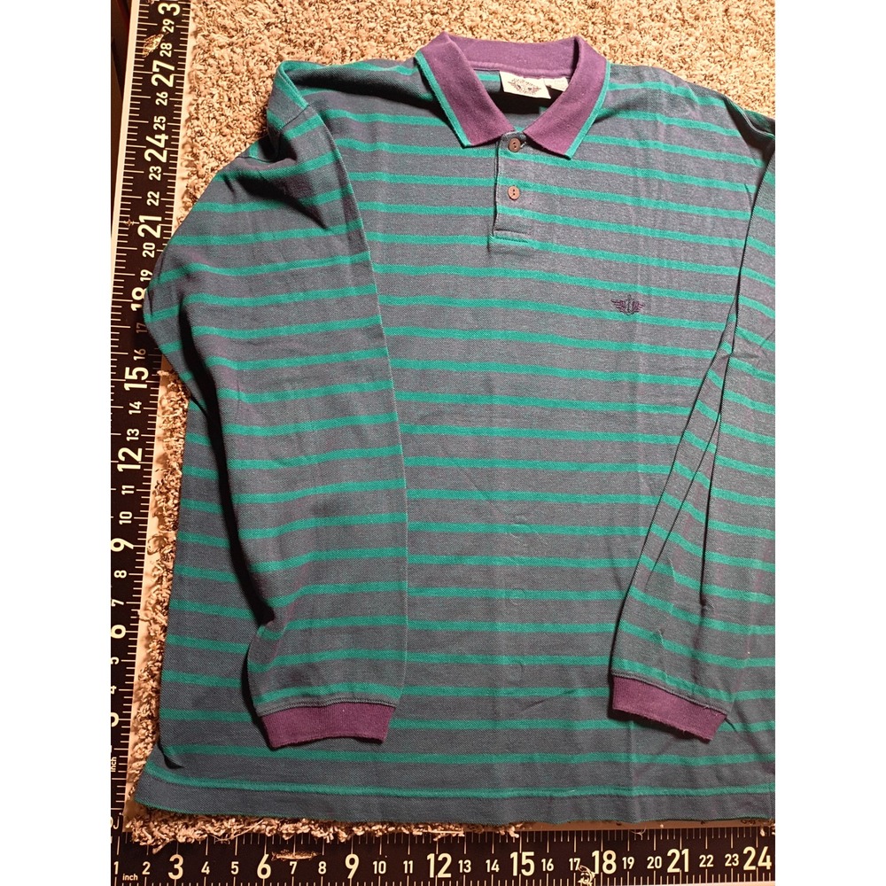 Vintage Dockers Levis Mens Large Long Sleeve Polo Shirt Striped Teal Purple USA
